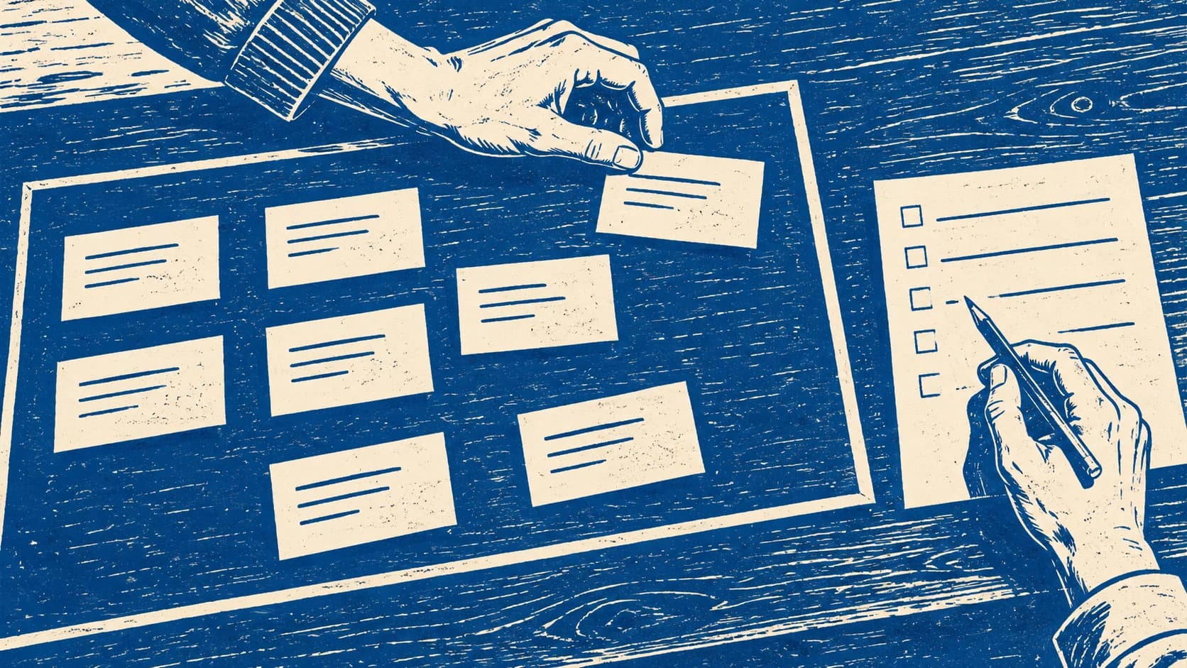 Hands checking a task card at the edge of a bounded workspace, illustrated in cobalt and ivory.