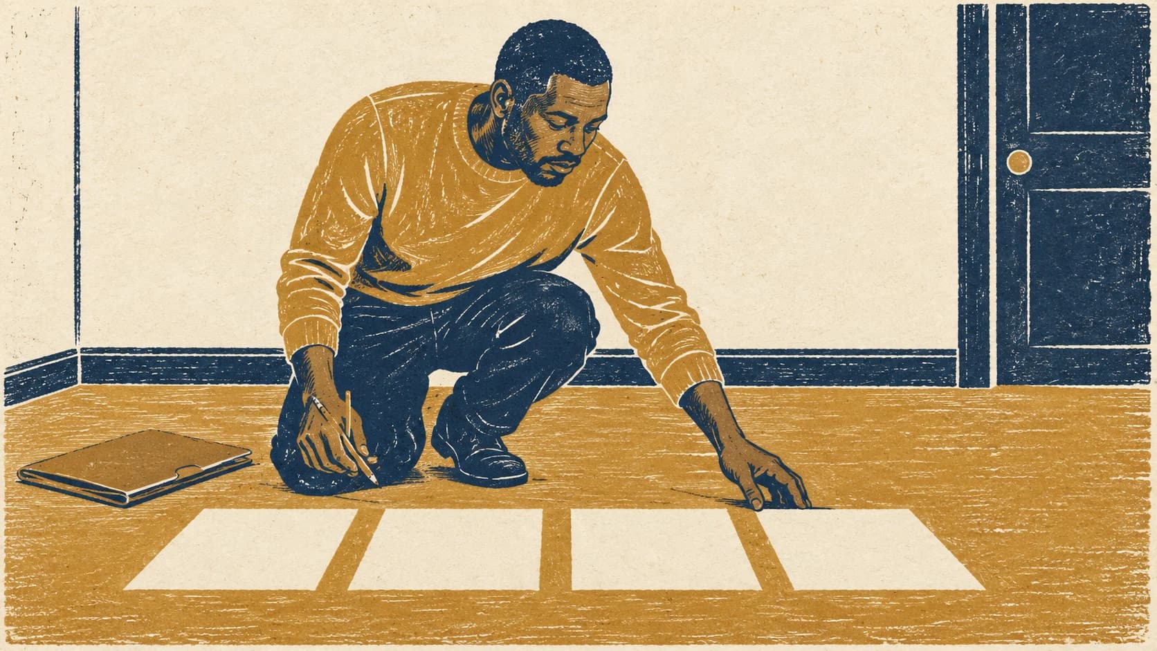 Two-colour linocut of a man kneeling on a plain floor, arranging a row of blank sheets and comparing them with a pencil in hand.