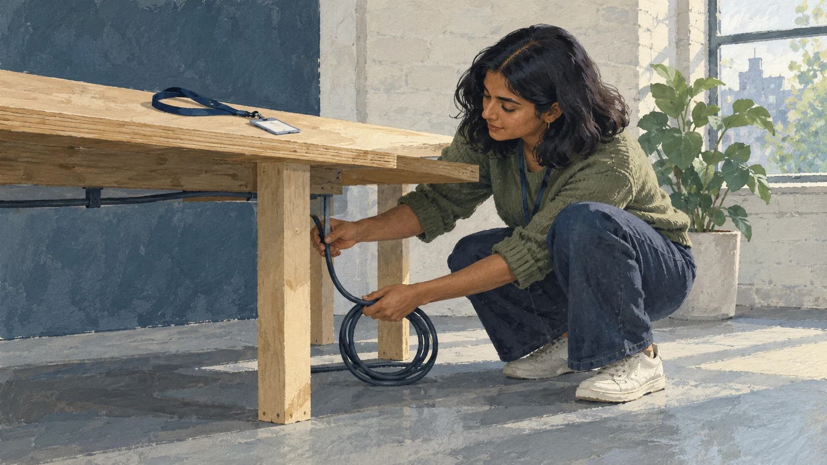 Gouache painting of a young South Asian British woman with shoulder-length hair crouching to route a coiled cable beneath a shared workbench, an access lanyard card resting above.