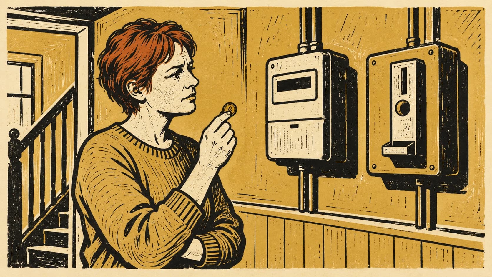 Two-colour linocut of a middle-aged white British woman with short red hair holding a coin before two prepayment meters in a UK hallway.