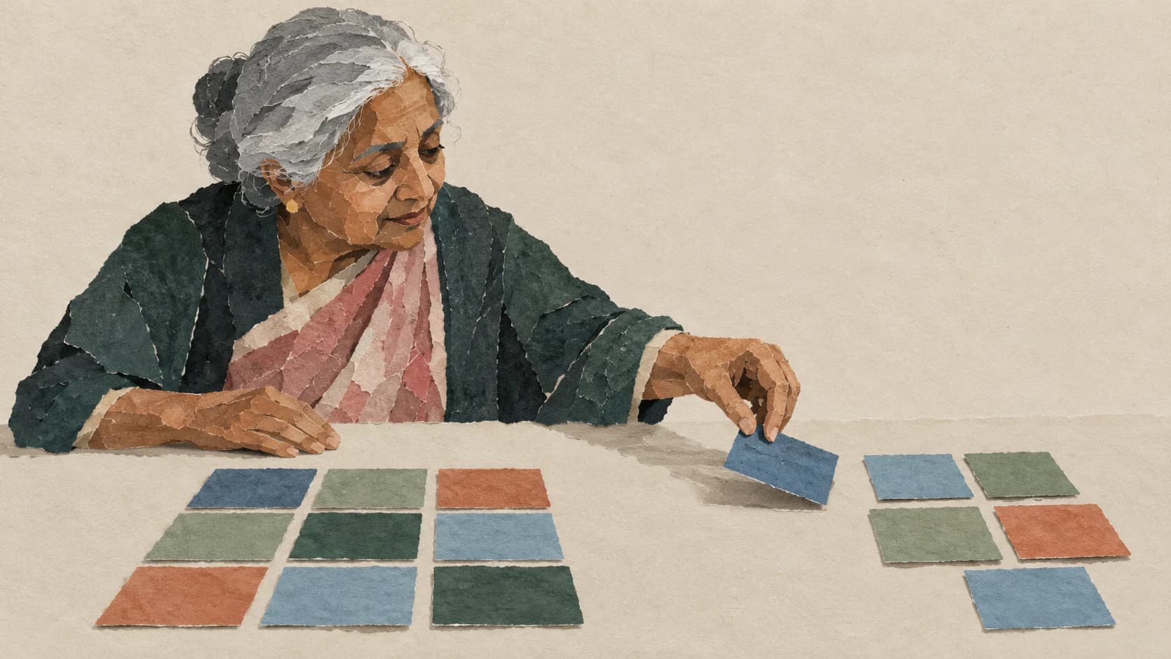 Torn-paper collage of a grey-haired woman moving one paper tile between two arrangements of cut paper tiles.