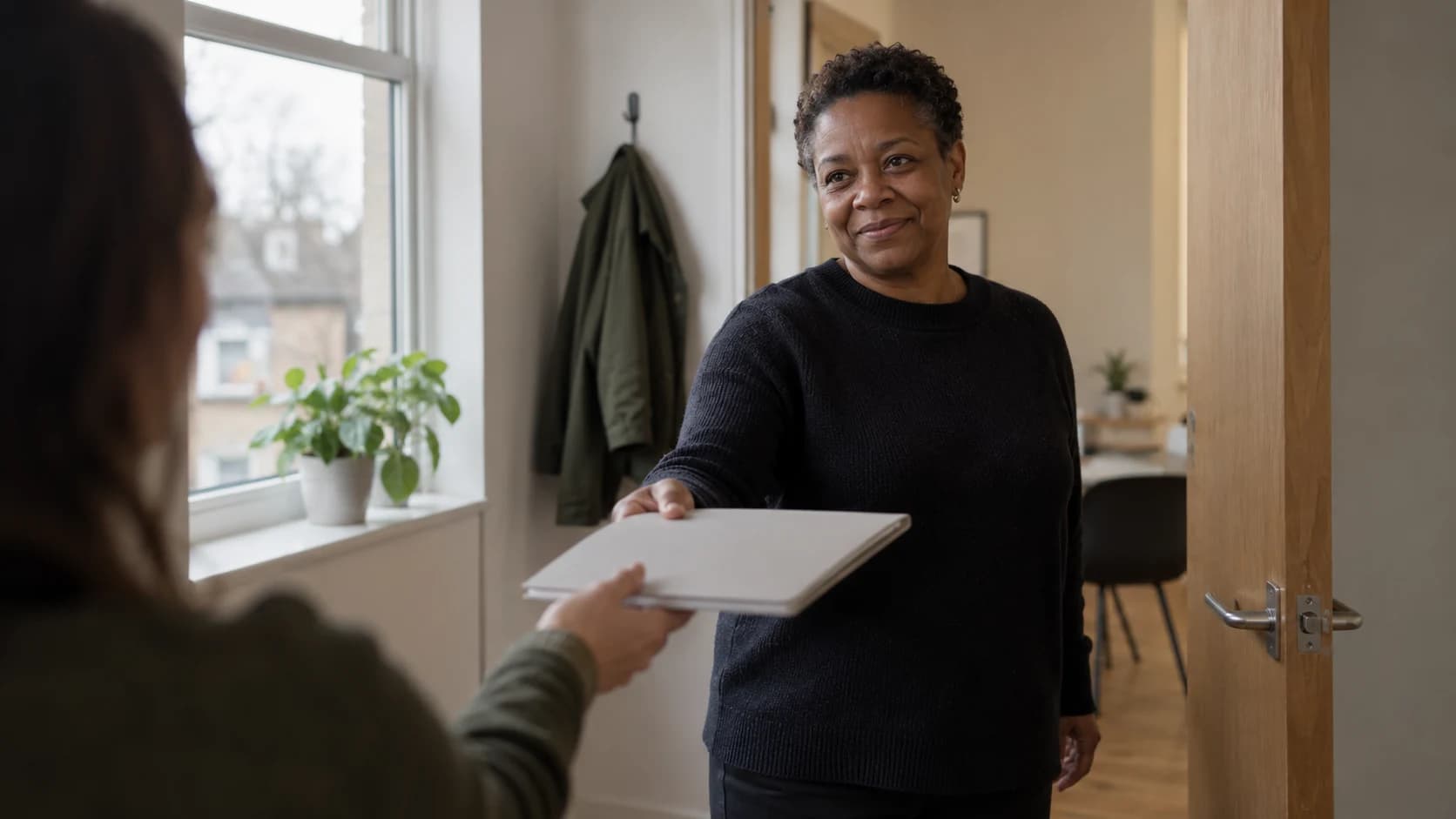 A middle-aged Black British woman with short natural hair passes a plain folder to a colleague in the doorway of a small UK office, lit by soft window light.