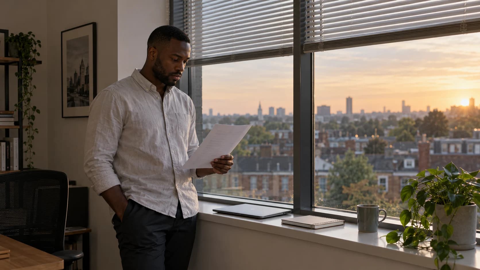 A Black British man in his thirties with close-cropped hair stands by an office window at dusk reading a printed page, a closed laptop and notebook on the sill.