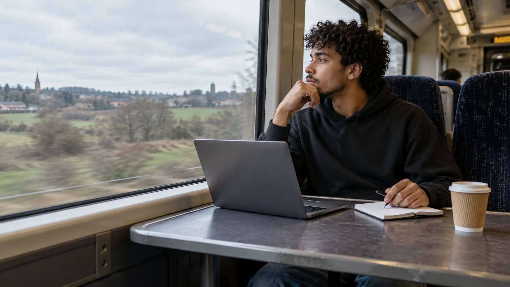 Candid photo of a young mixed-race British man with curly hair working on a laptop at a train table seat in soft daylight.