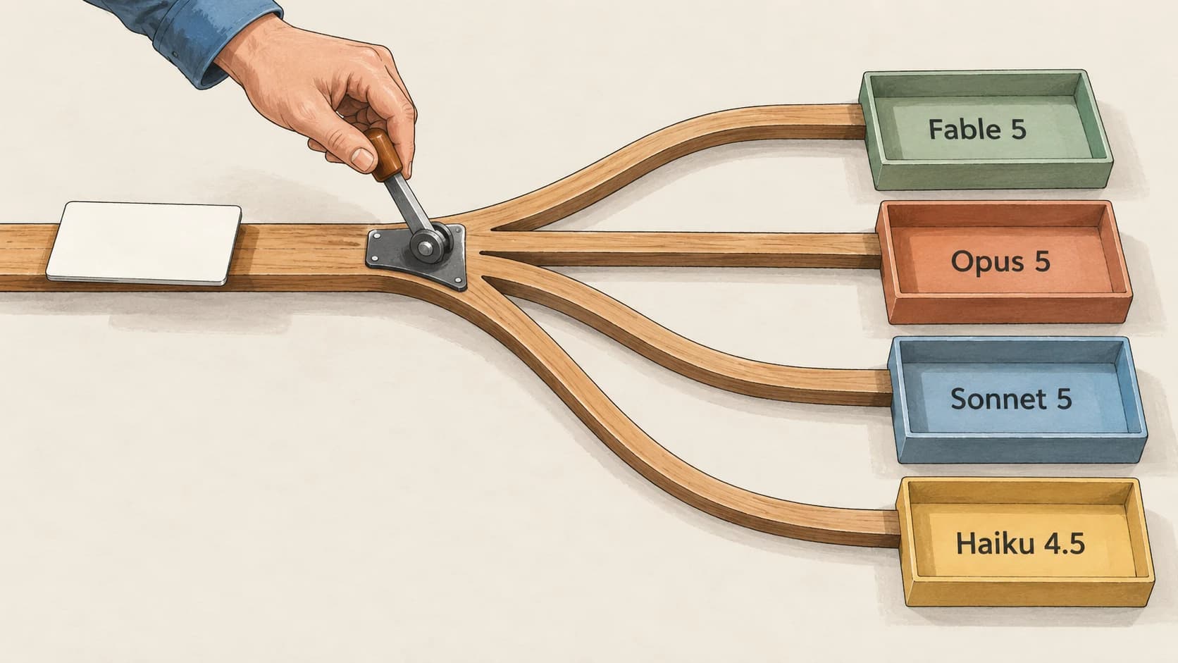 Flat diagram of a task card on a branching rail sorting into four labelled trays for Fable 5, Opus 5, Sonnet 5 and Haiku 4.5.