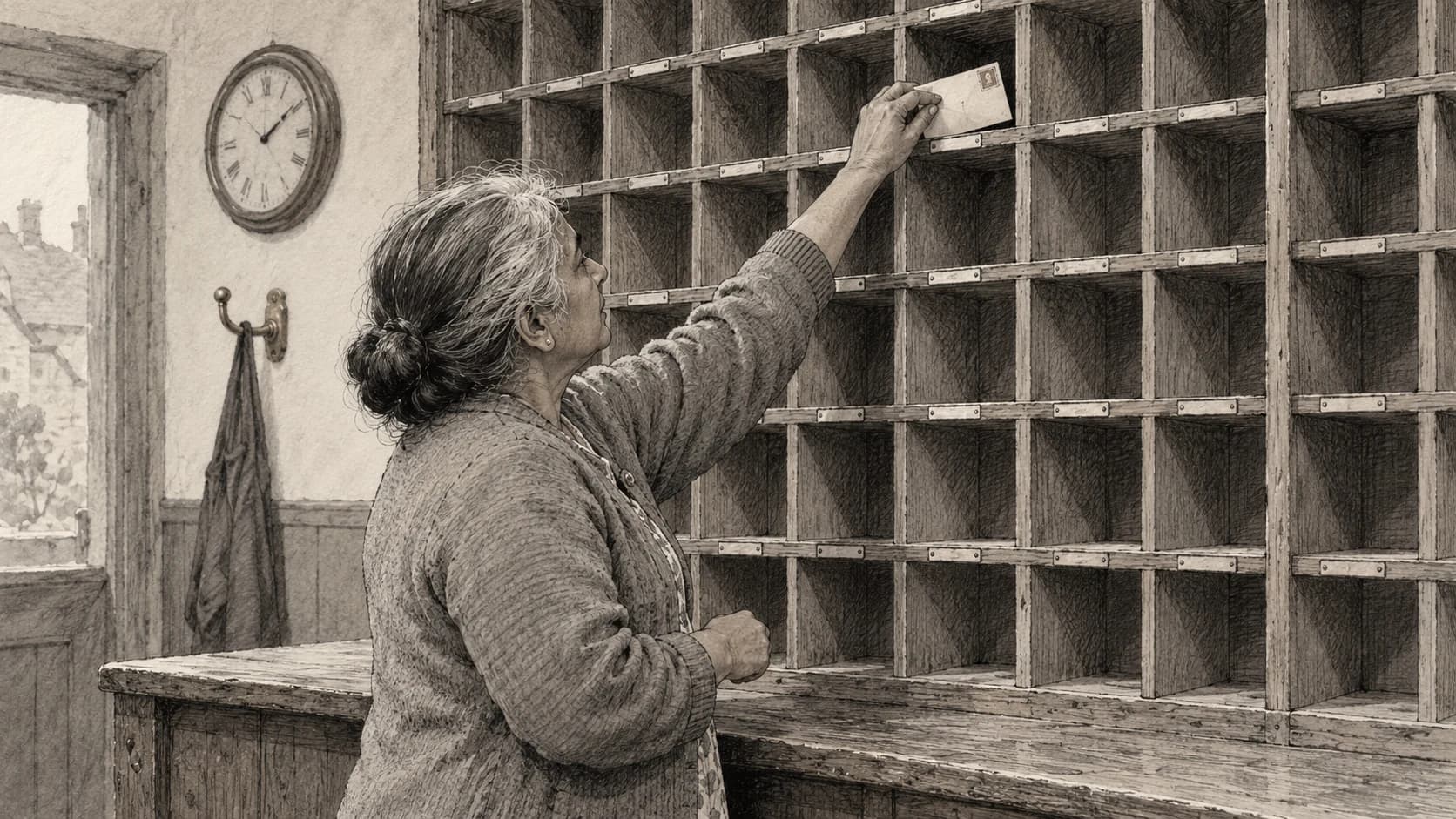 Hand-drawn ink illustration of an older South Asian British woman with grey hair sliding one card into a single slot of a tall wooden pigeonhole sorting rack in a village post room, every other slot empty.