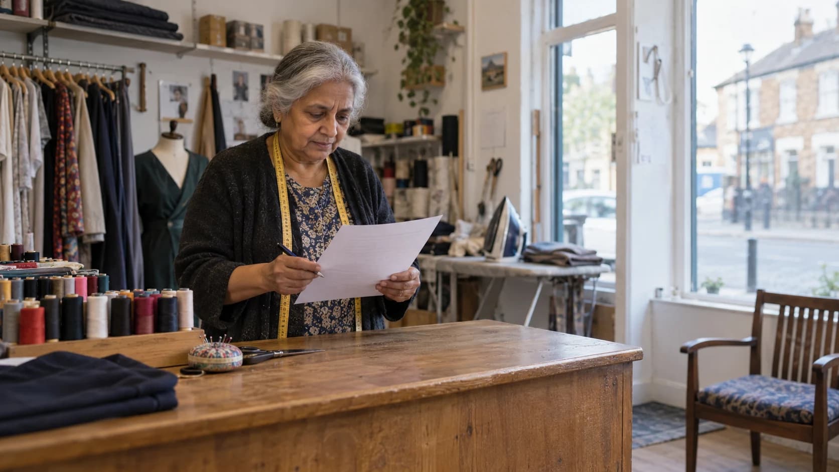 Photograph of an older South Asian British woman with grey hair reading a printed email draft at the counter of her small alterations shop.