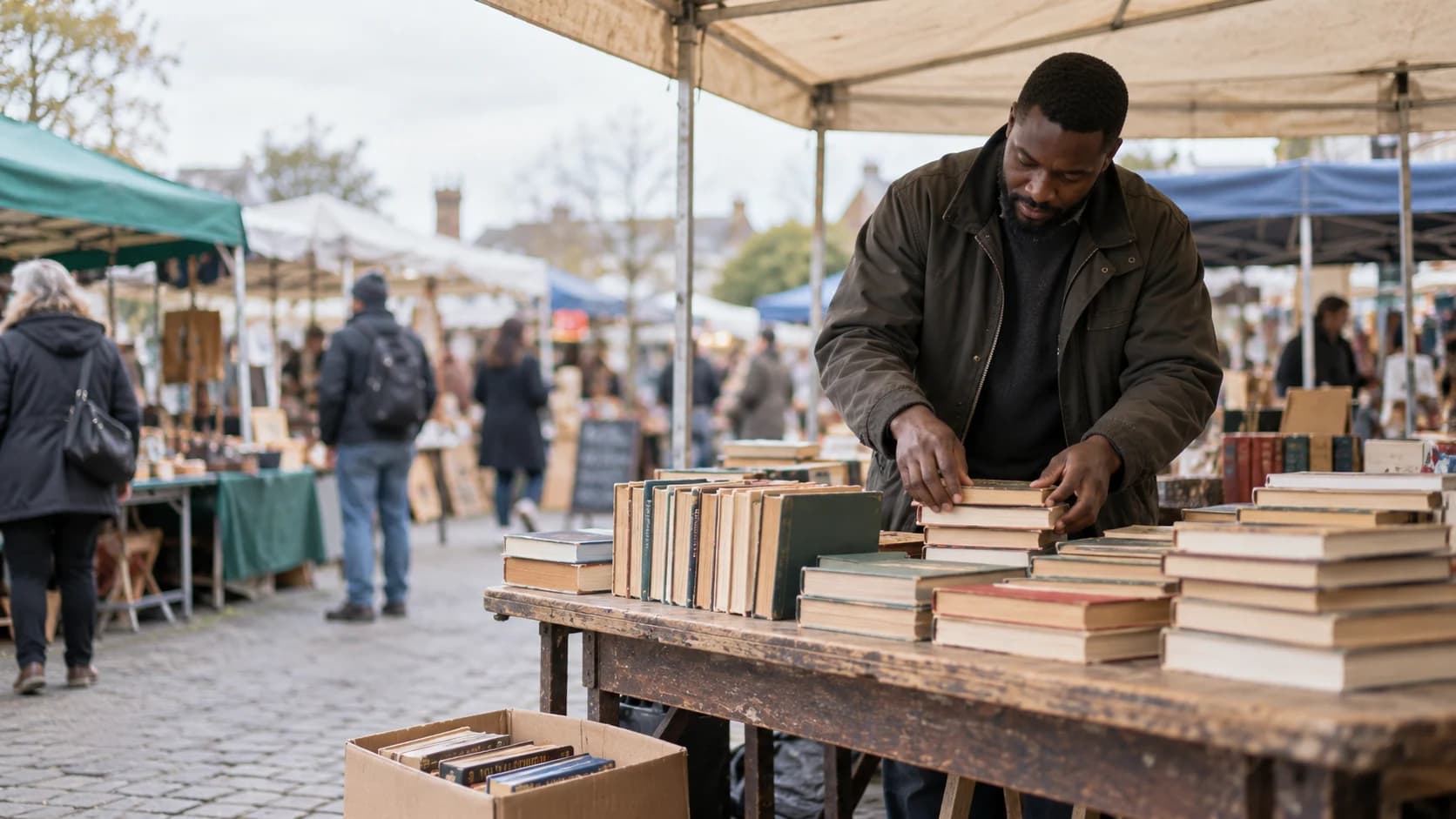 Documentary photograph of a Black British man in his thirties sorting second-hand books into grouped sections at an early-morning UK market stall under a canvas awning.