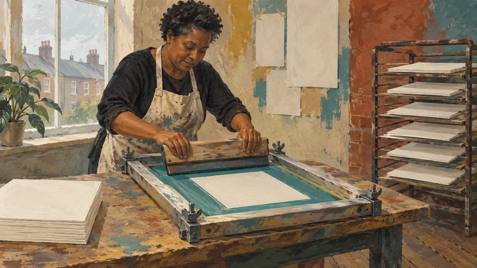 Flat gouache painting of a Black British woman pulling a squeegee to repeat the same blank page print in a small screen-printing studio.