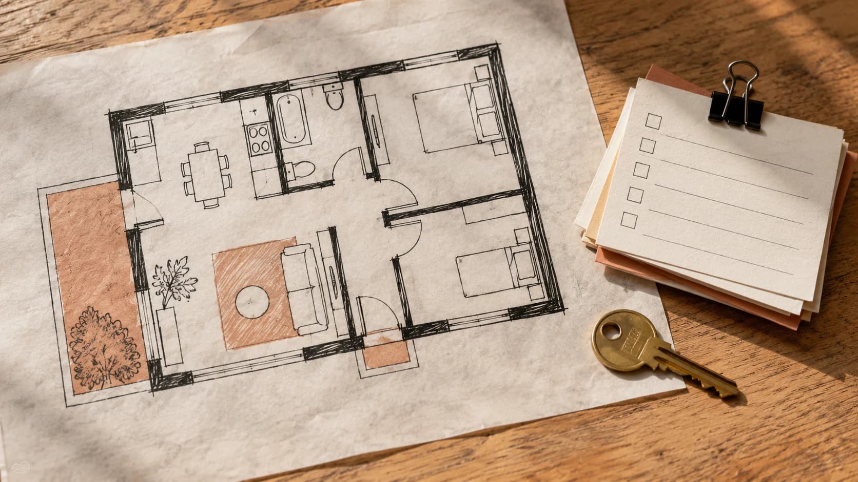 Ink illustration of a house floor plan, a brass key and clipped enquiry cards.