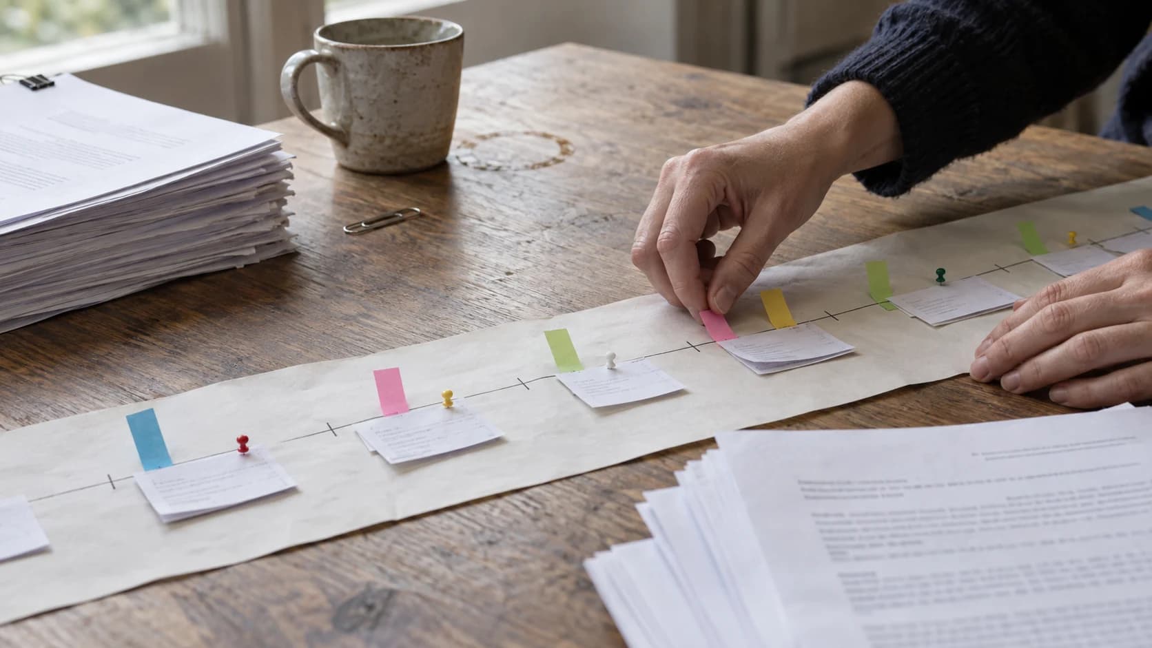 A desk with a hand-made paper chronology strip, coloured sticky flags and stacked photocopied pages, anonymous hands adjusting a flag.