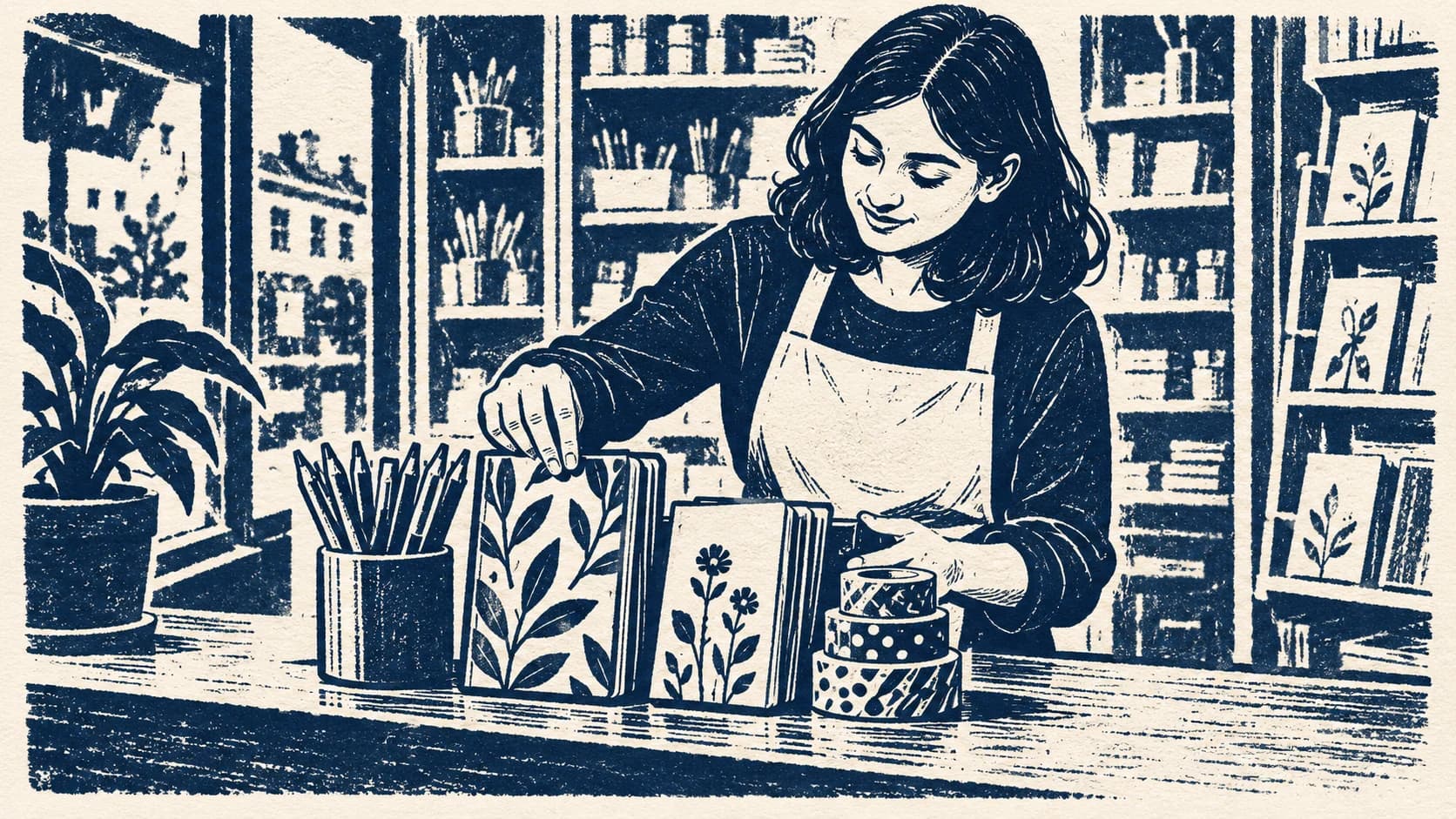 Two-colour linocut illustration of a young South Asian British woman in an apron behind a small shop counter, arranging a few clearly separated groups of goods while shelving blurs behind.
