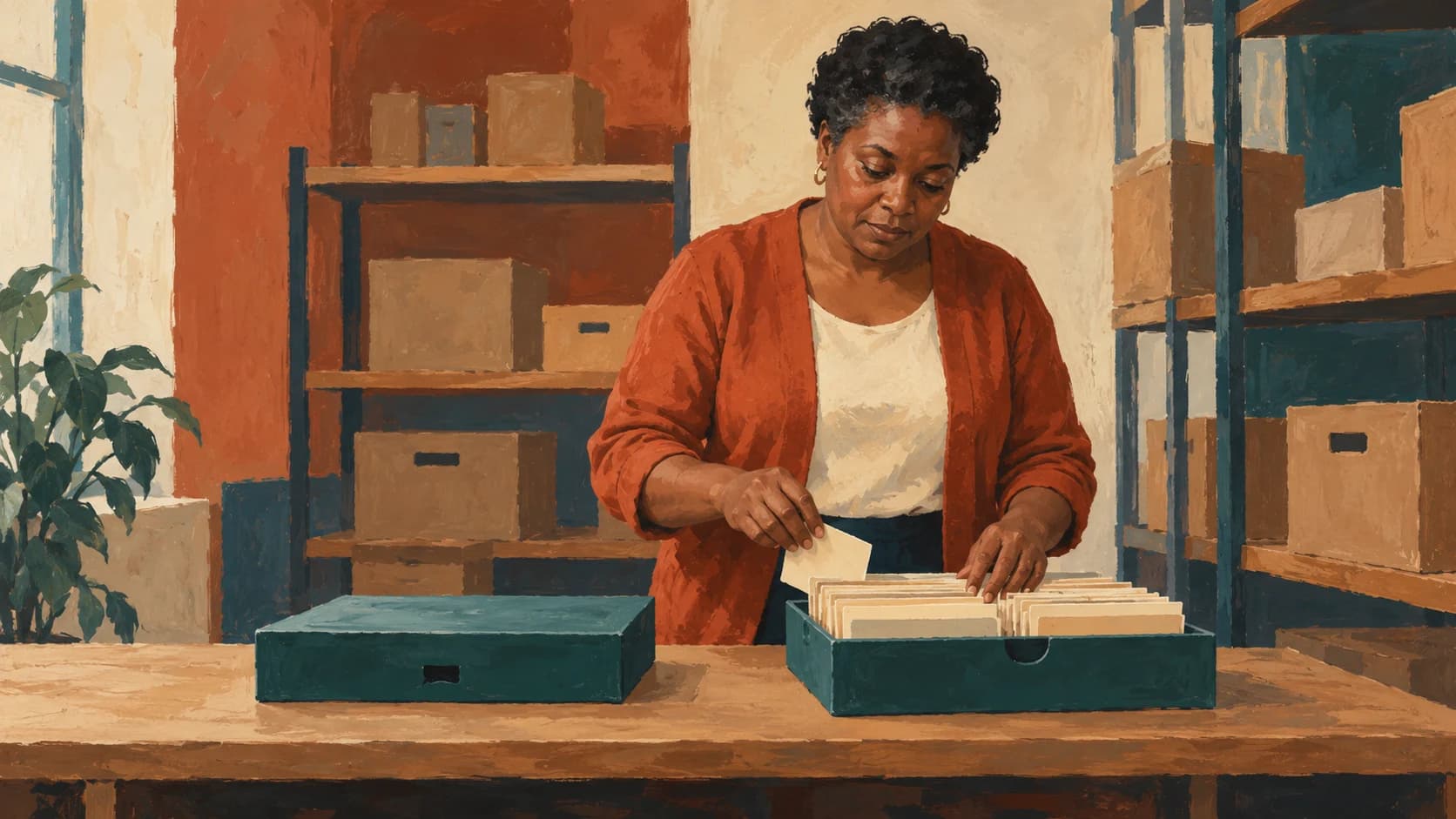Gouache painting of a Black British woman dividing record cards into two trays at a stockroom bench, one tray closed.