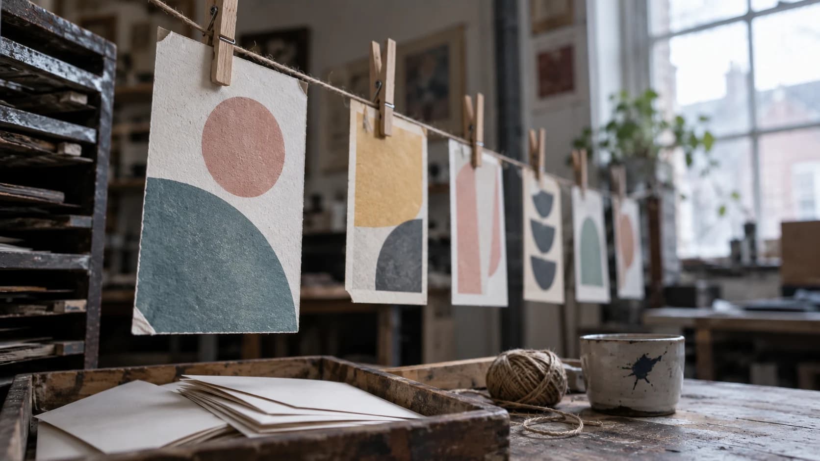 Printed A5 campaign cards pegged on a twine line in a studio, with blank envelopes and a mug below in north window light.