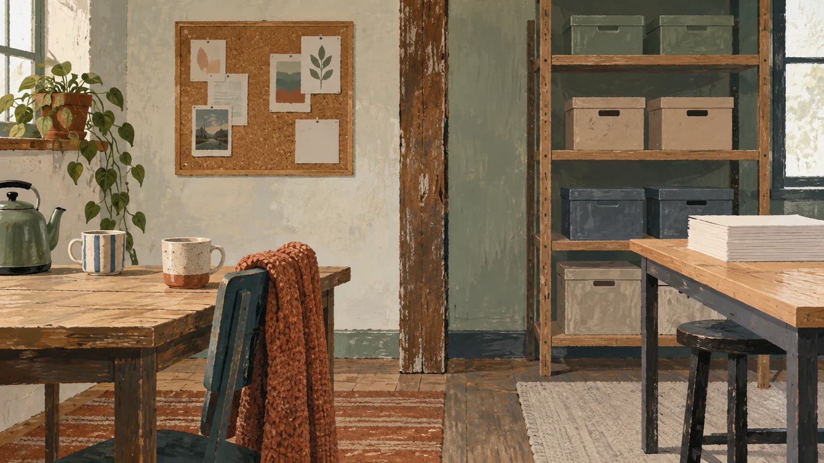 Gouache painting of a shared workspace divided into a domestic corner with kettle and mugs and a studio corner with shelves.