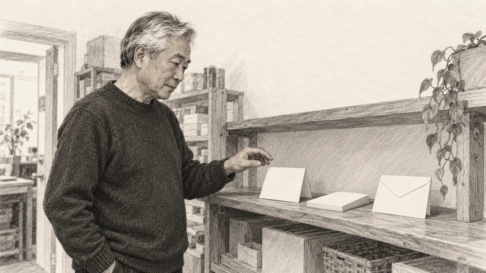 Hand-drawn ink illustration of an older East Asian British man with silver hair standing in a small back room, considering a short row of blank folded notes and sealed cards laid along a wooden shelf.