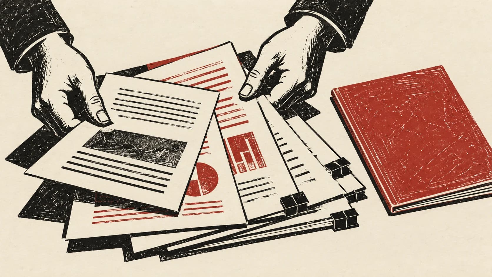 A two-colour linocut of anonymous hands sorting clipped pages beside a slim booklet, black and brick-red ink on off-white.