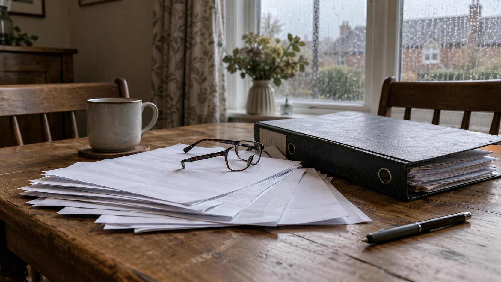 A home dining table by a window with fanned plain financial paperwork, reading glasses and a mug, soft grey daylight, no people.