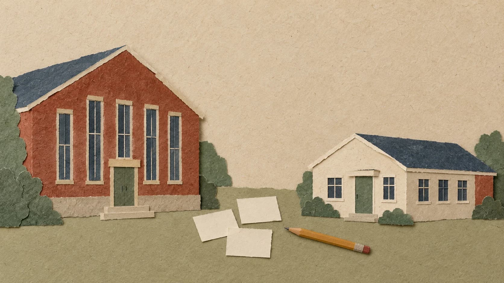 Paper collage of two simple hall buildings facing each other across a strip of ground, with blank cards between them.