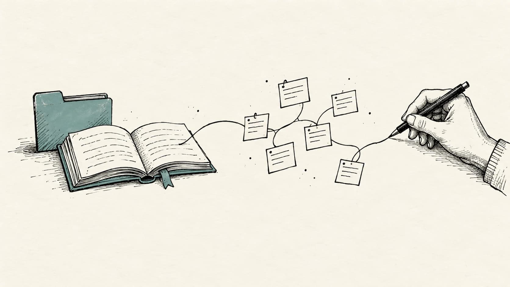 Ink drawing of a hand linking a cluster of small rectangular marks to a single open book with a continuous line, on off-white paper.