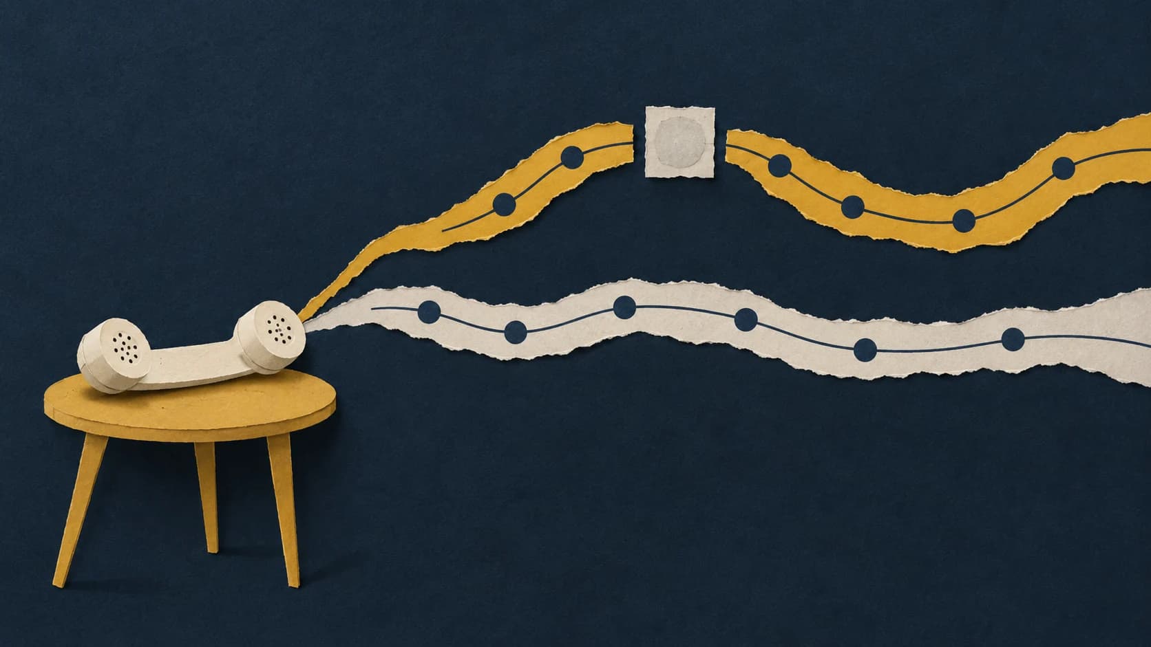 Hand-cut paper collage of a telephone handset on a side table, with torn-paper call routes rising into two stacked bands, one continuous and one pausing at a small paper square before rejoining.