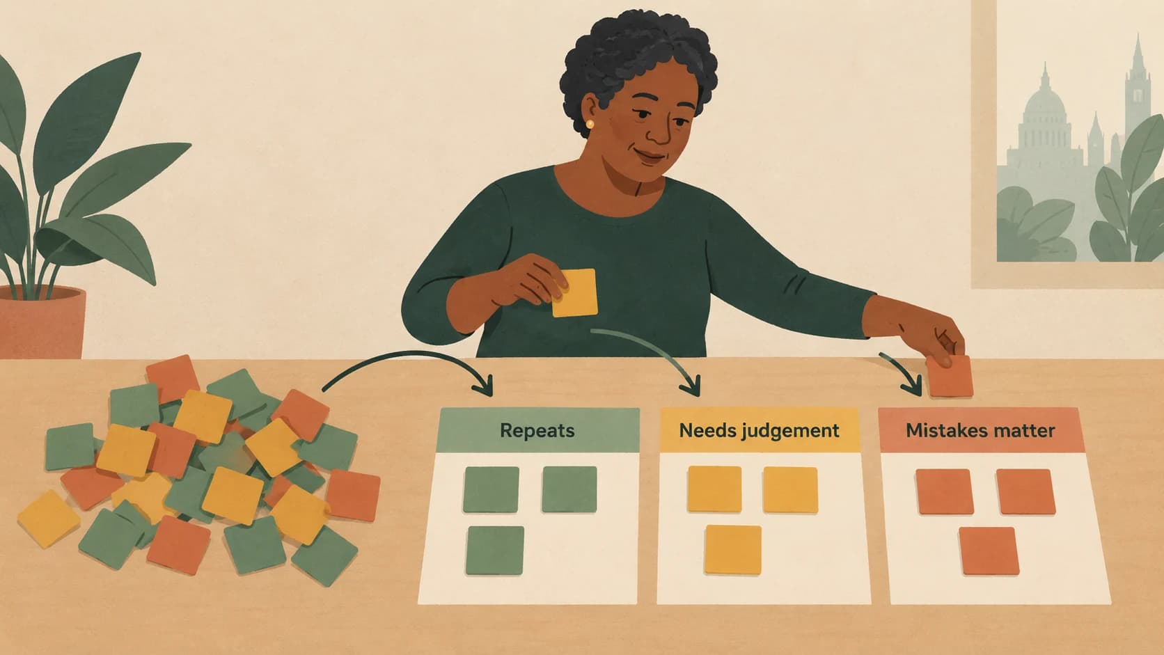 Flat diagram of a middle-aged Black British woman with short natural hair sorting square task tiles into three labelled columns reading Repeats, Needs judgement and Mistakes matter.
