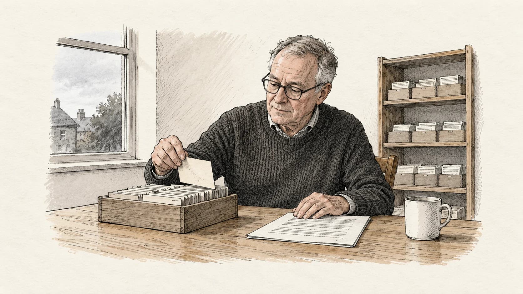 Ink drawing of a white British man in his sixties with glasses reviewing a shallow tray of record cards beside a printed guidance sheet at a table in a small office back room.