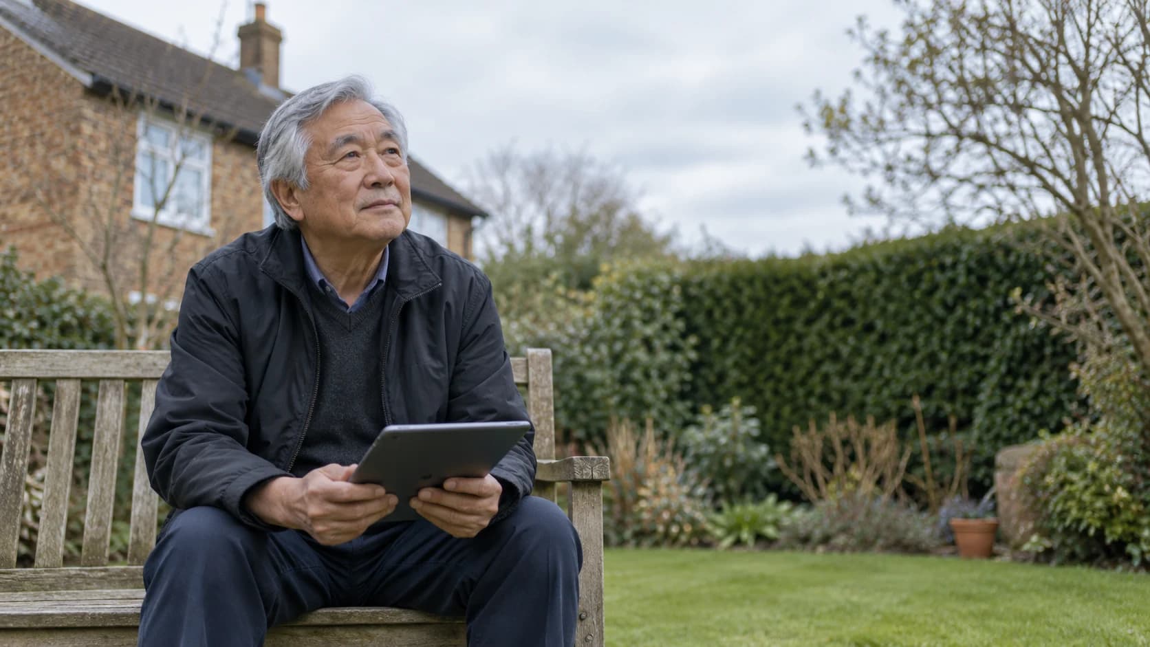 Candid editorial photo of a silver-haired older East Asian British man on a garden bench, holding a tablet angled away as he looks up thoughtfully in overcast light.