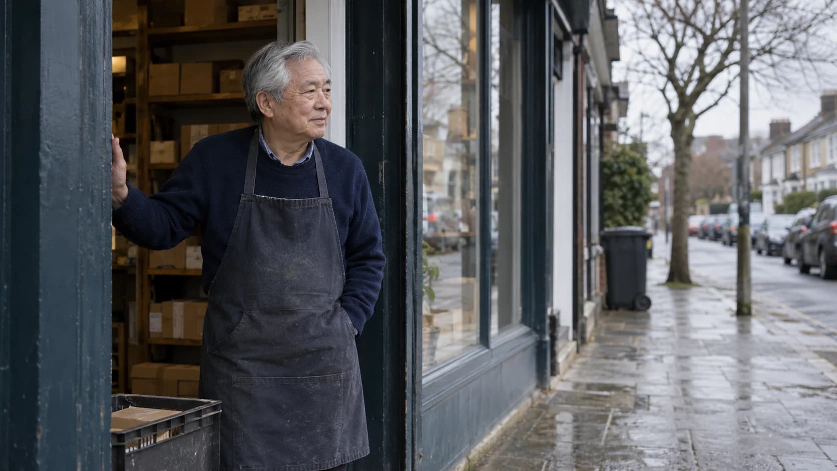 Documentary photograph of an older East Asian British man with silver hair standing at the doorway of a small independent high-street shop in soft overcast light, looking along the pavement.