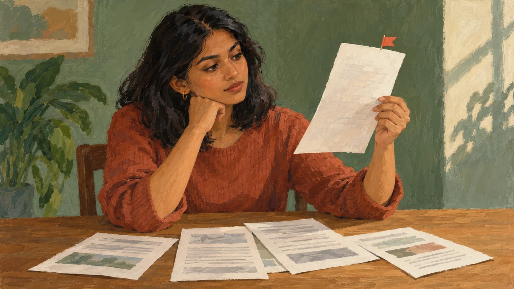 A young South Asian British woman with shoulder-length hair sits at a wooden table and lifts one printed page from several fanned out before her, testing its reliability in soft light.