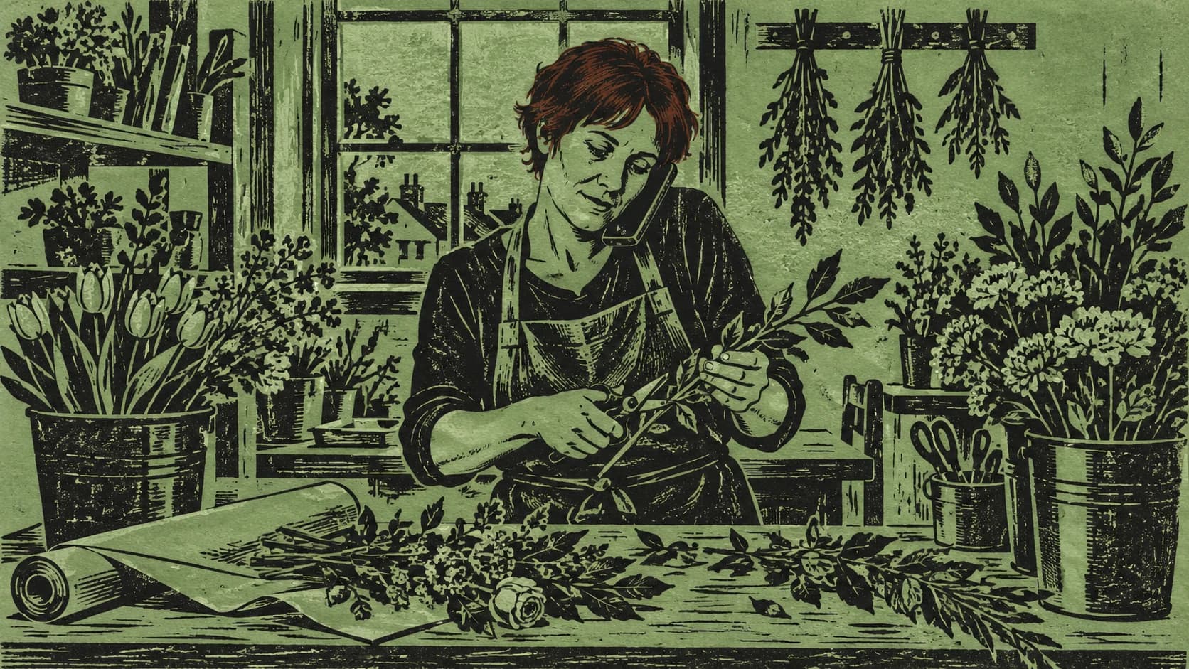 Two-colour linocut of a white British woman in her forties with short red hair at a florist's workbench, phone to her ear and scissors in hand, surrounded by buckets of flowers.