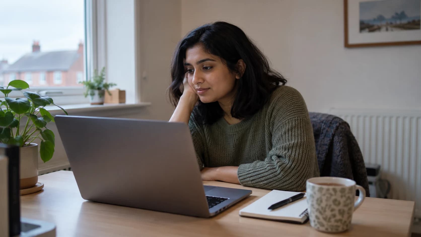 A young South Asian British woman with shoulder-length hair reviewing website search data at a home office desk in soft daylight.