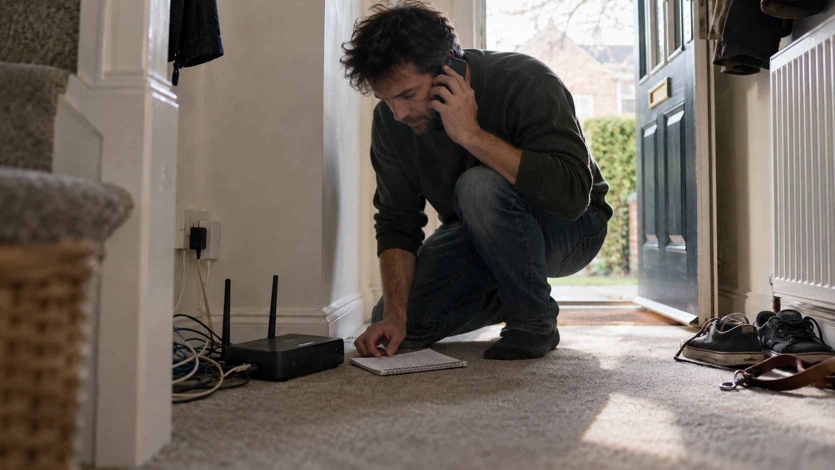 A person crouches on a hallway floor beside a broadband router, phone to their ear and a handwritten checklist resting on the carpet in doorway daylight.