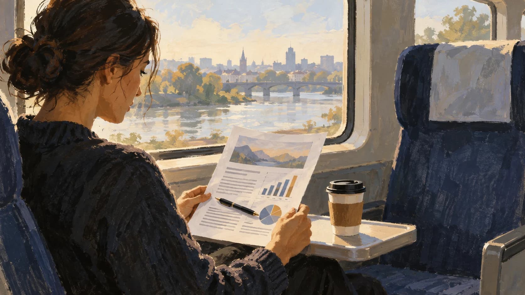 A seated commuter reads a printed brief in morning train-window light, a pen and paper coffee cup on the folding tray beside them.