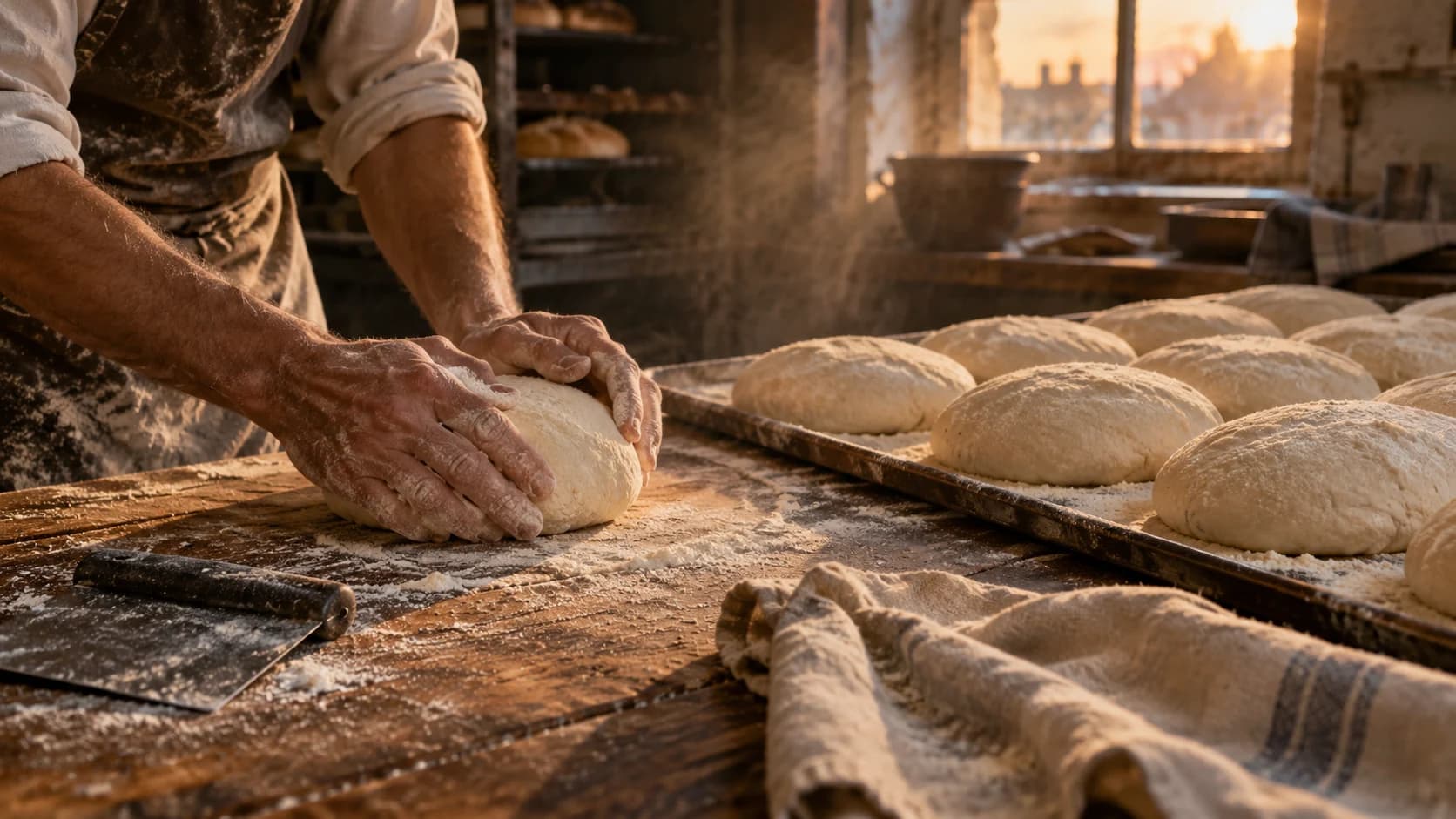 A baker shapes dough on a floured wooden bench beside neat rows of identical proved loaves in the low light of a small bakery.