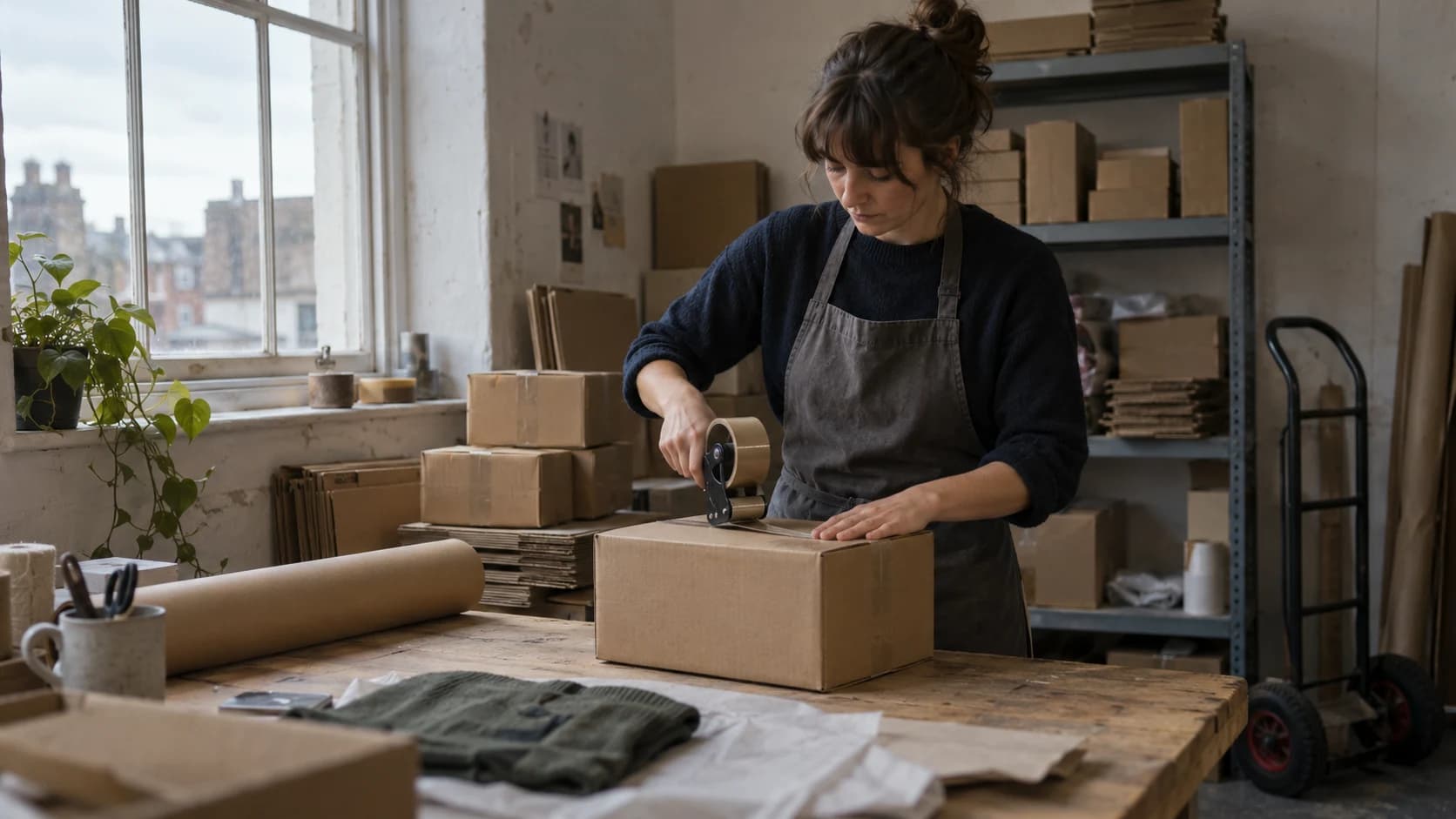 A worker sealing a cardboard parcel at a packing bench in a small UK stockroom, stacked boxes and soft window light.