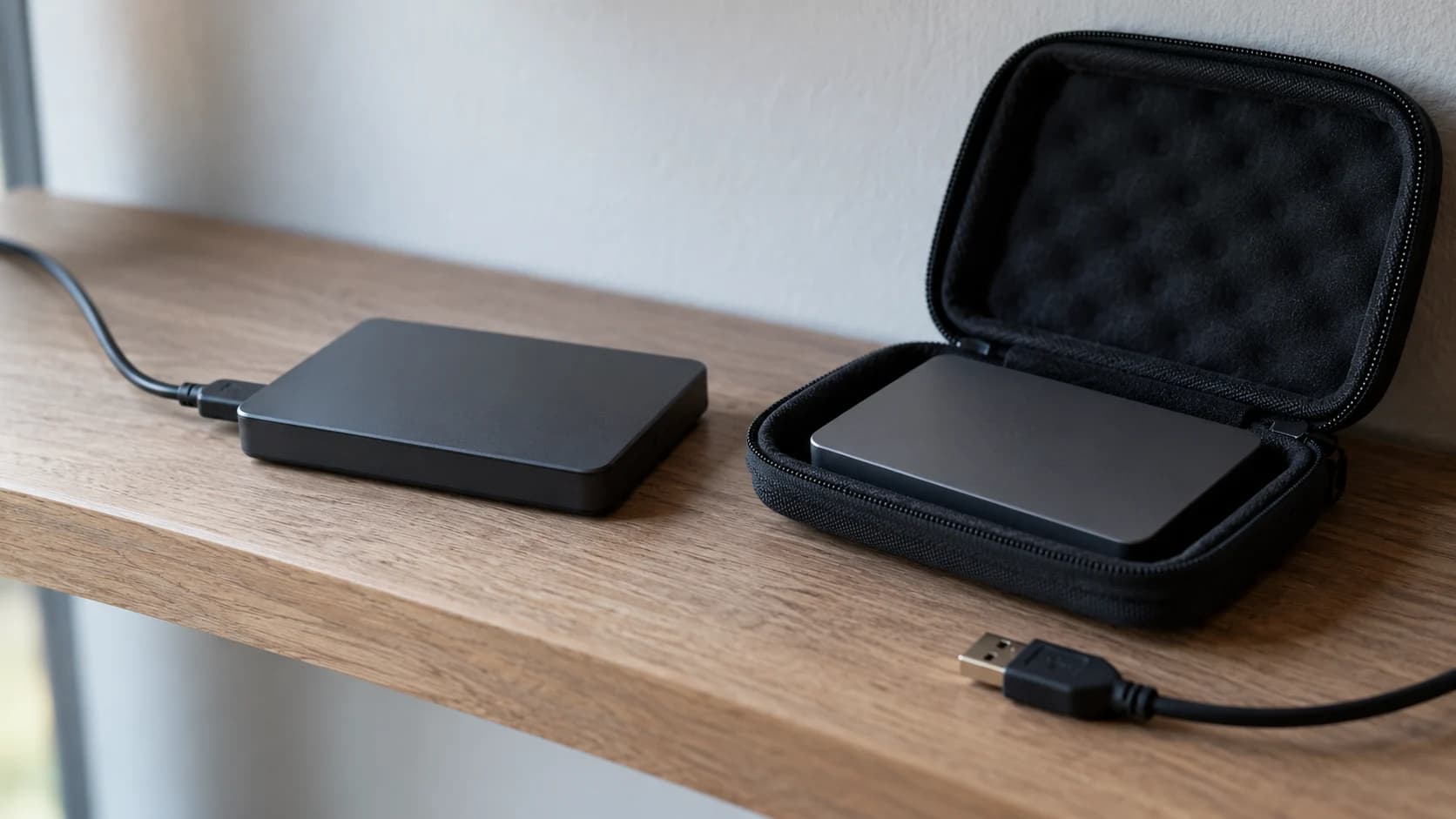 Two compact storage drives, one connected and one in a padded protective case.