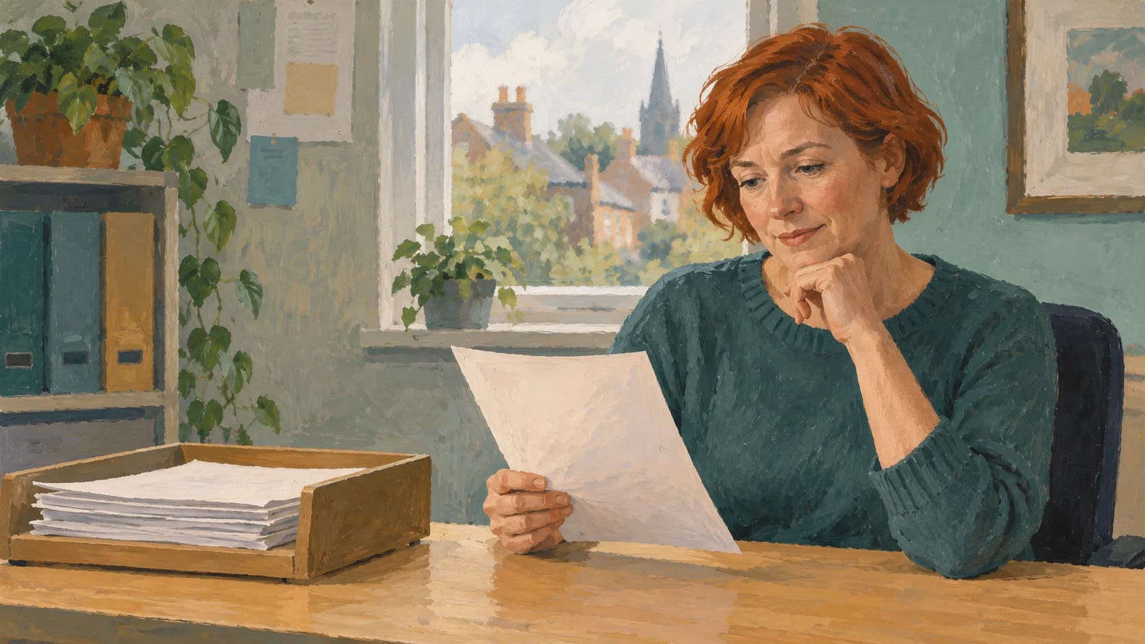 Gouache painting of a red-haired woman at a small desk holding one printed sheet while a tray of drafts waits beside her.
