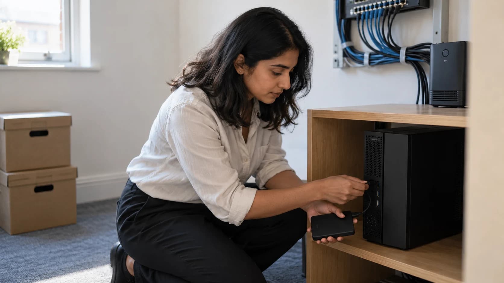 A woman with shoulder-length hair kneels in a small back office, connecting a backup drive to a compact tower PC beside tidy cabling in soft morning light.