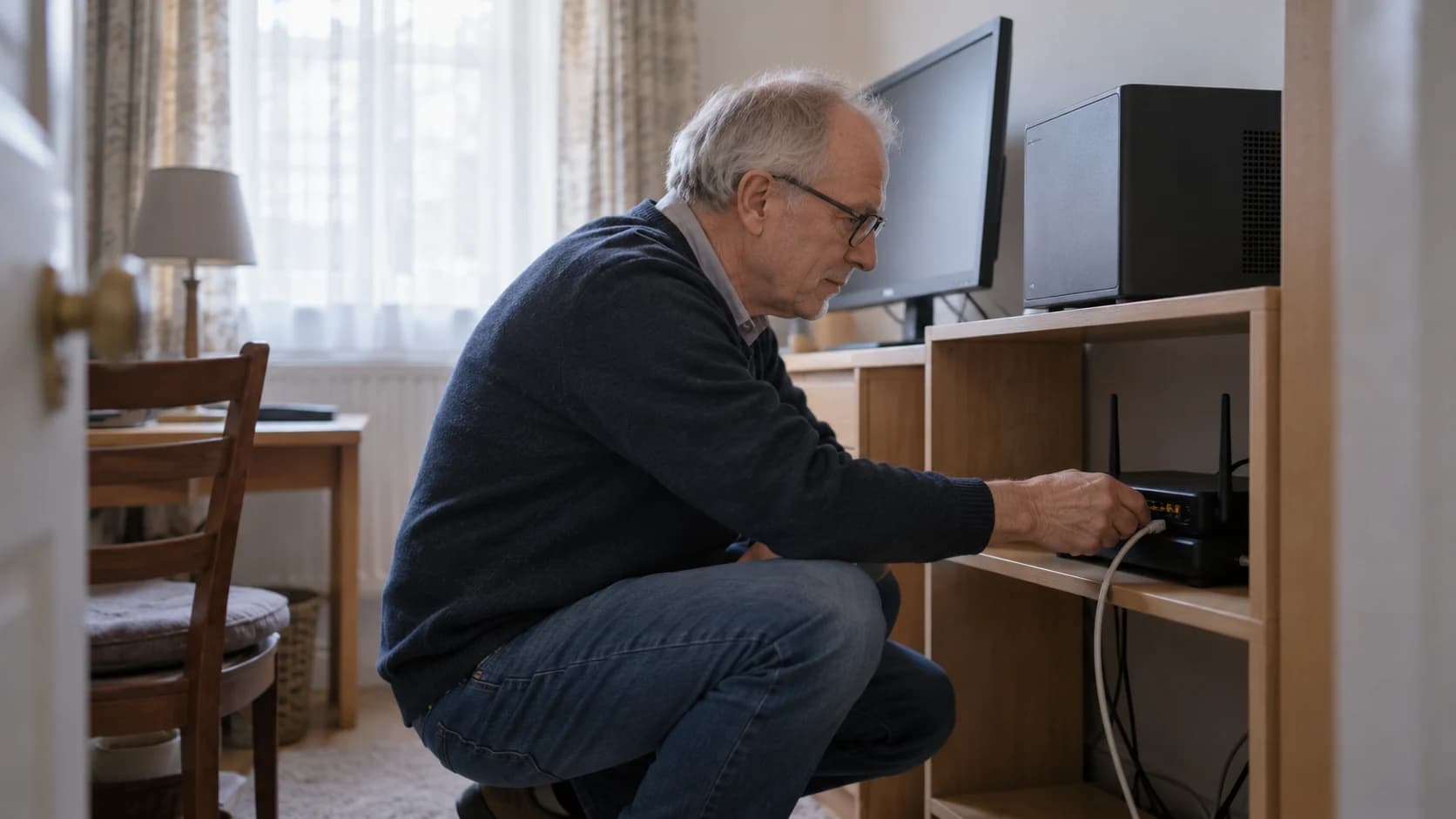 Natural-light photograph: an older white British man with glasses and a plain jumper crouches in a small home study to plug a cable into a compact router on a low wooden shelf, a desktop tower nearby, soft daylight through a net curtain.