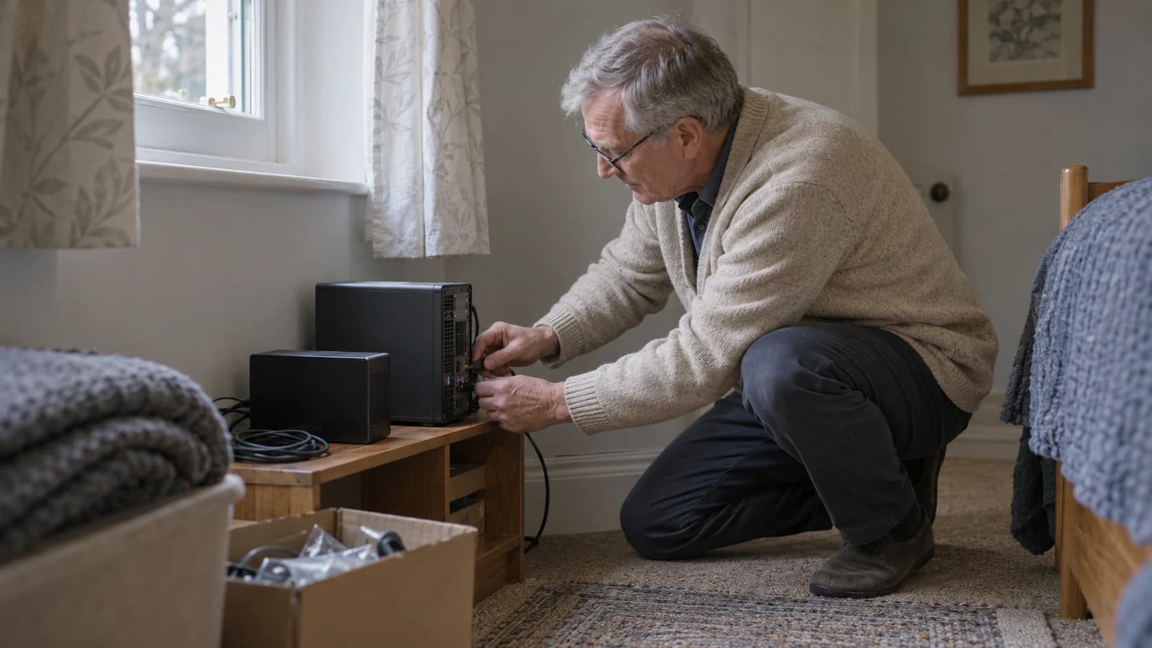 Documentary photograph of a white British man in his sixties with glasses reseating a cable on a compact home server in a spare bedroom.