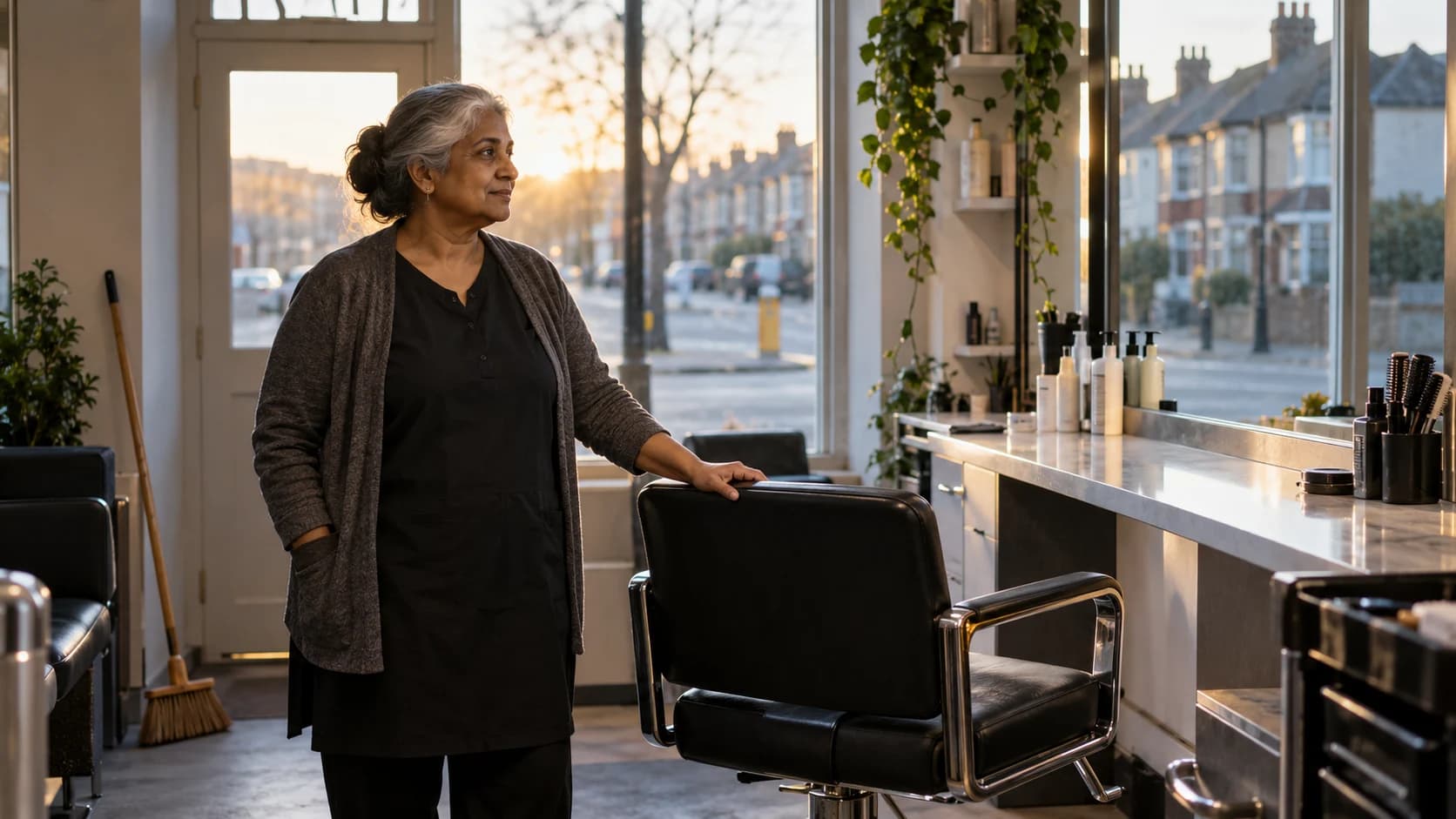 Natural-light photograph: an older South Asian British woman with grey hair, in a plain dark tunic and cardigan, stands beside an empty styling chair in a small hair salon before opening, one hand on the chair back, soft window light.