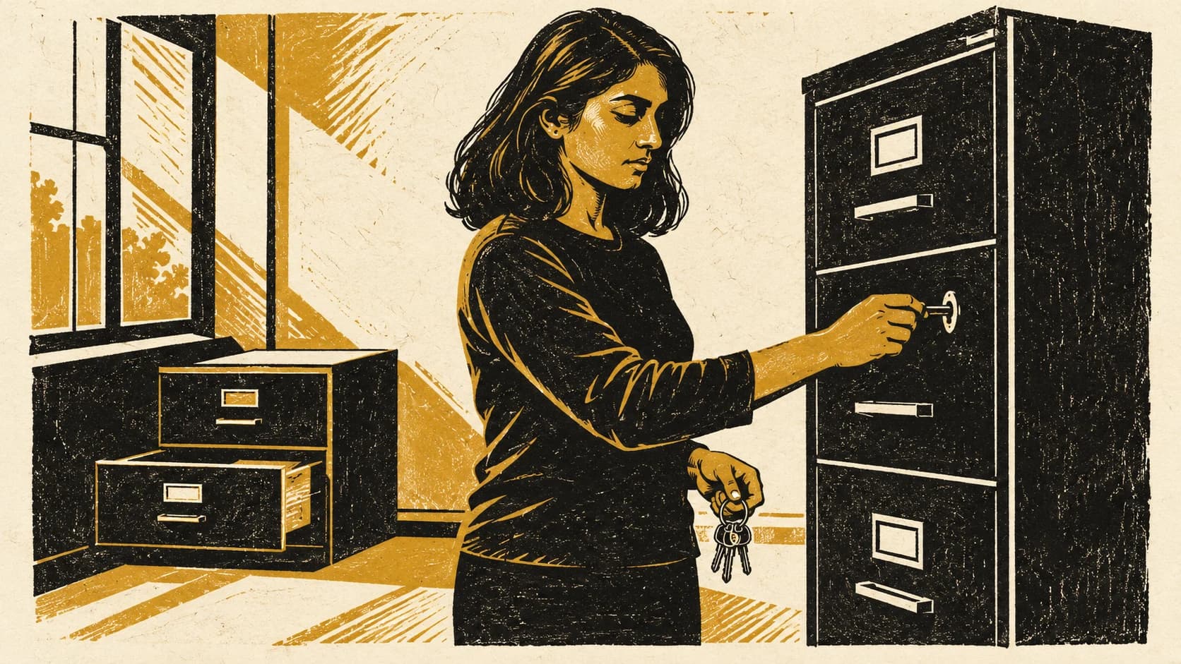 Two-colour linocut in black and ochre: a young South Asian British woman with shoulder-length hair, in a plain top, turns a key to lock a tall steel filing cabinet in a bare office while a ring of keys hangs from her other hand, lit from one side.