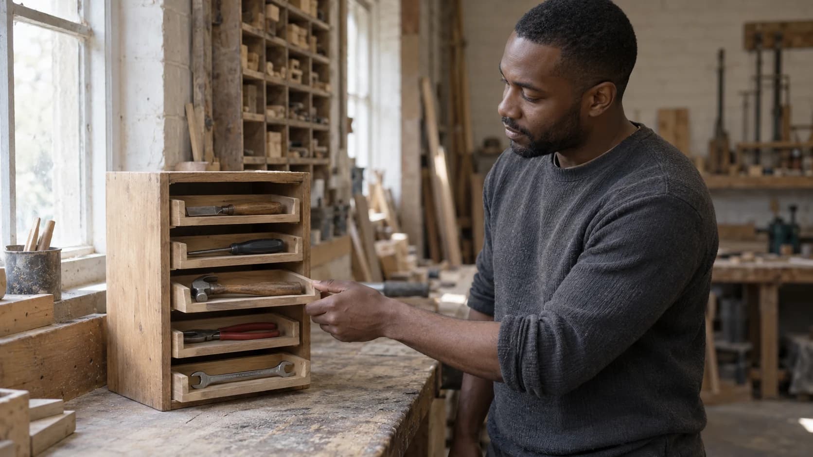 A man in a workshop placing one small compartmented tool tray among a matching row of five on a wooden shelf, in soft window light.
