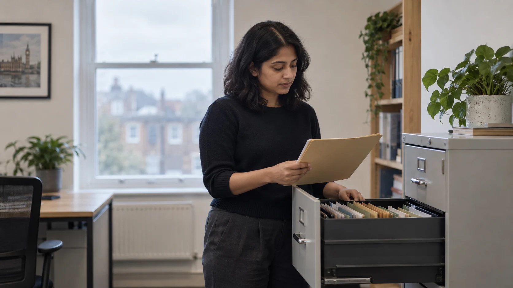 Candid photograph of a young South Asian British woman holding a single folder at an open filing cabinet drawer in a small UK office.