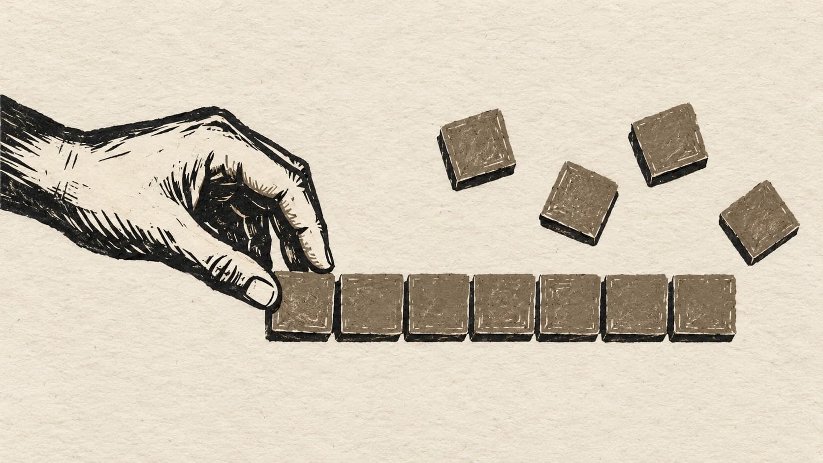 Two-colour linocut of a hand arranging small square tiles into a horizontal row, with a few loose tiles above it.