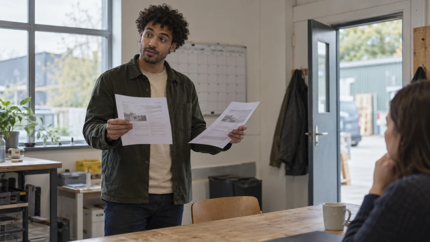 Natural photo of a young mixed-race man with curly hair comparing two printed proposals in a small workshop-office, a colleague seated nearby.