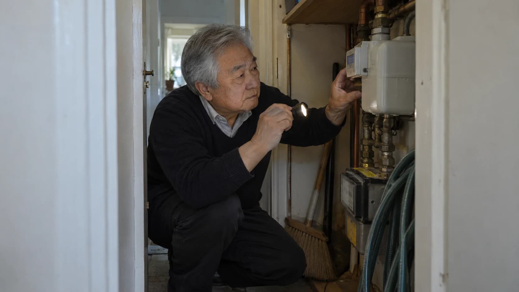 Documentary photograph of an older East Asian British man with silver hair reading a utility meter by torchlight in a UK cupboard.