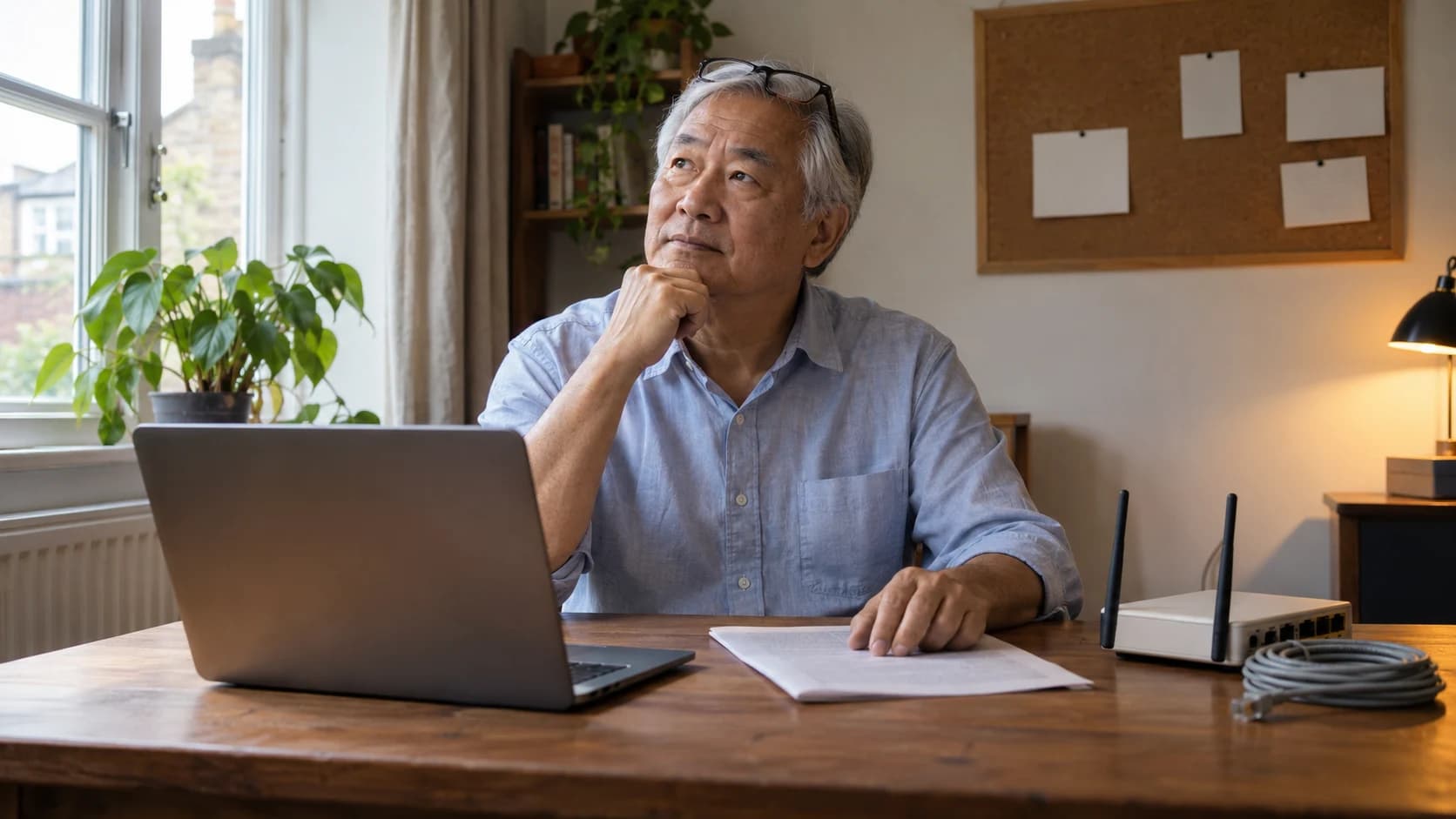 Candid photo of an older East Asian British man with silver hair at a home desk beside a router and laptop during a software setup.