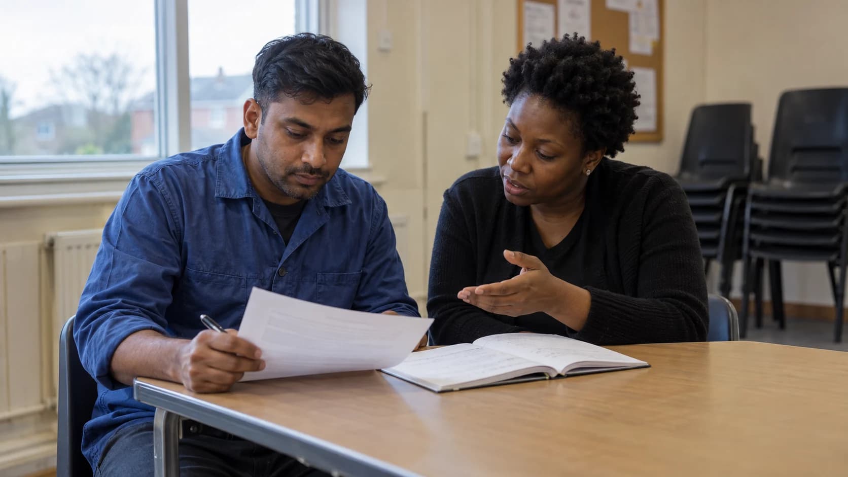 An adult learner comparing a worksheet with a notebook while a tutor explains a point in a community classroom.